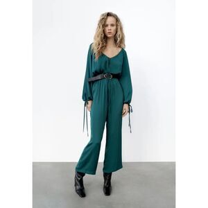 ZARA Satin‎ Boho Style Jumpsuit Teal XS